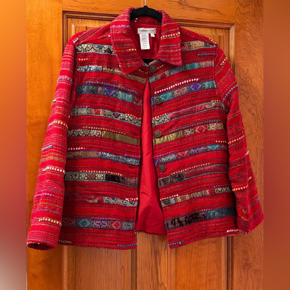 Vintage Coldwater Creek Red Jacket Mixed Media Artsy Patchwork Tapestry Sz S